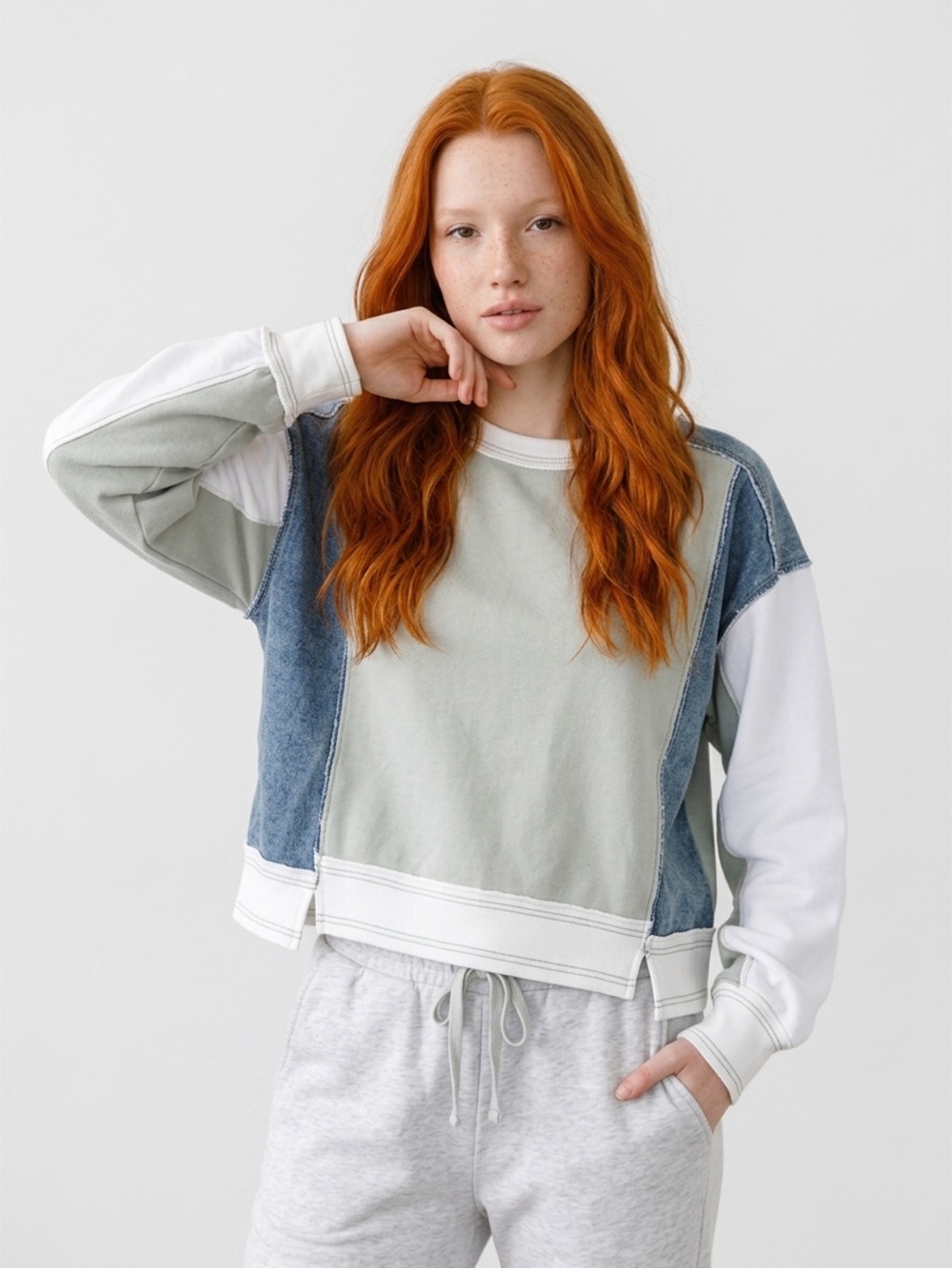 ee:some Frayed Color Block Long Sleeve Patchwork Crewneck Pullover - NWT Size: M